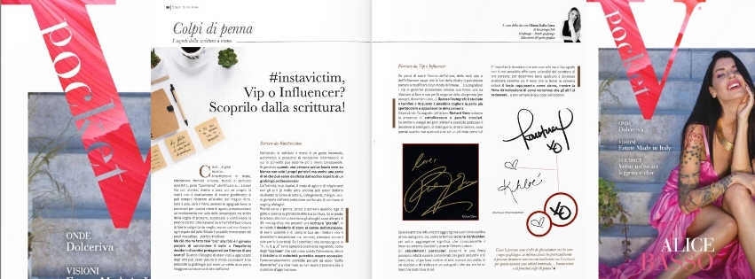 Scrivere da Vip, influencer spiegato dal grafologo Chiara Dalla Costa di Grafologia360 nella rivista VPocket